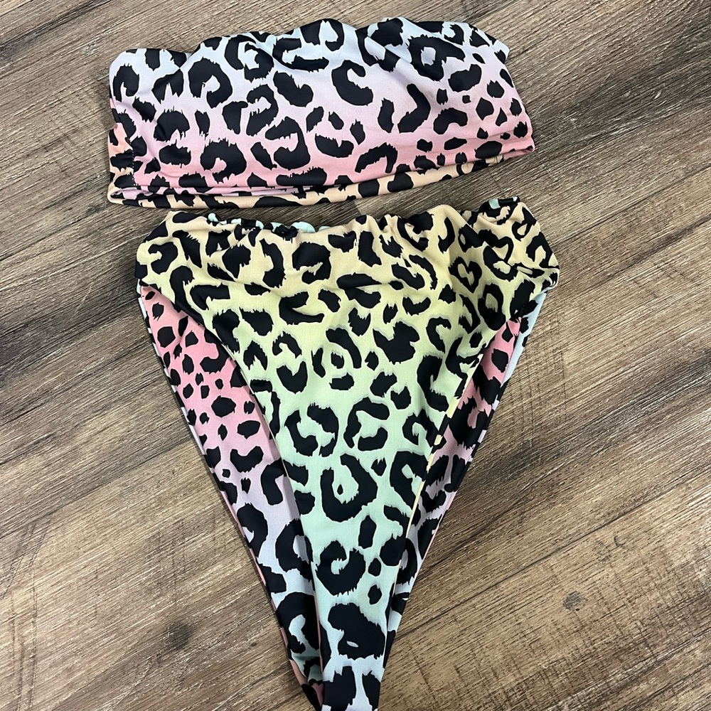 High waisted rainbow leopard bikini